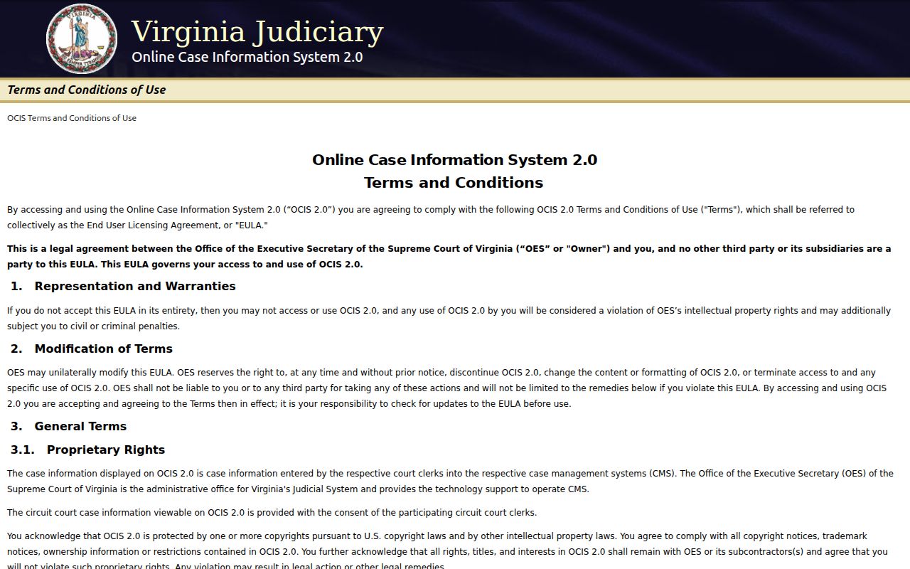 Loudoun County criminal court case OCIS access notice