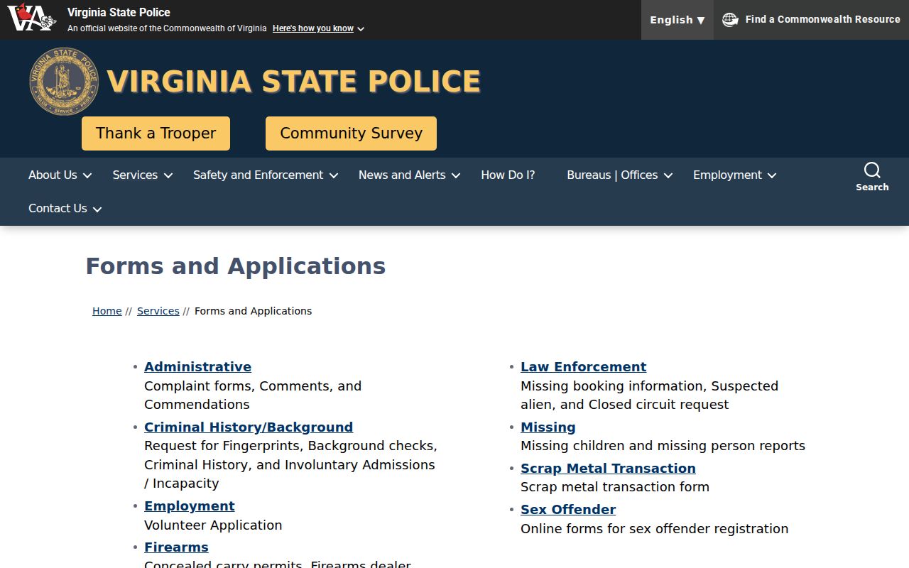 Loudoun County criminal history forms through Virginia State Police