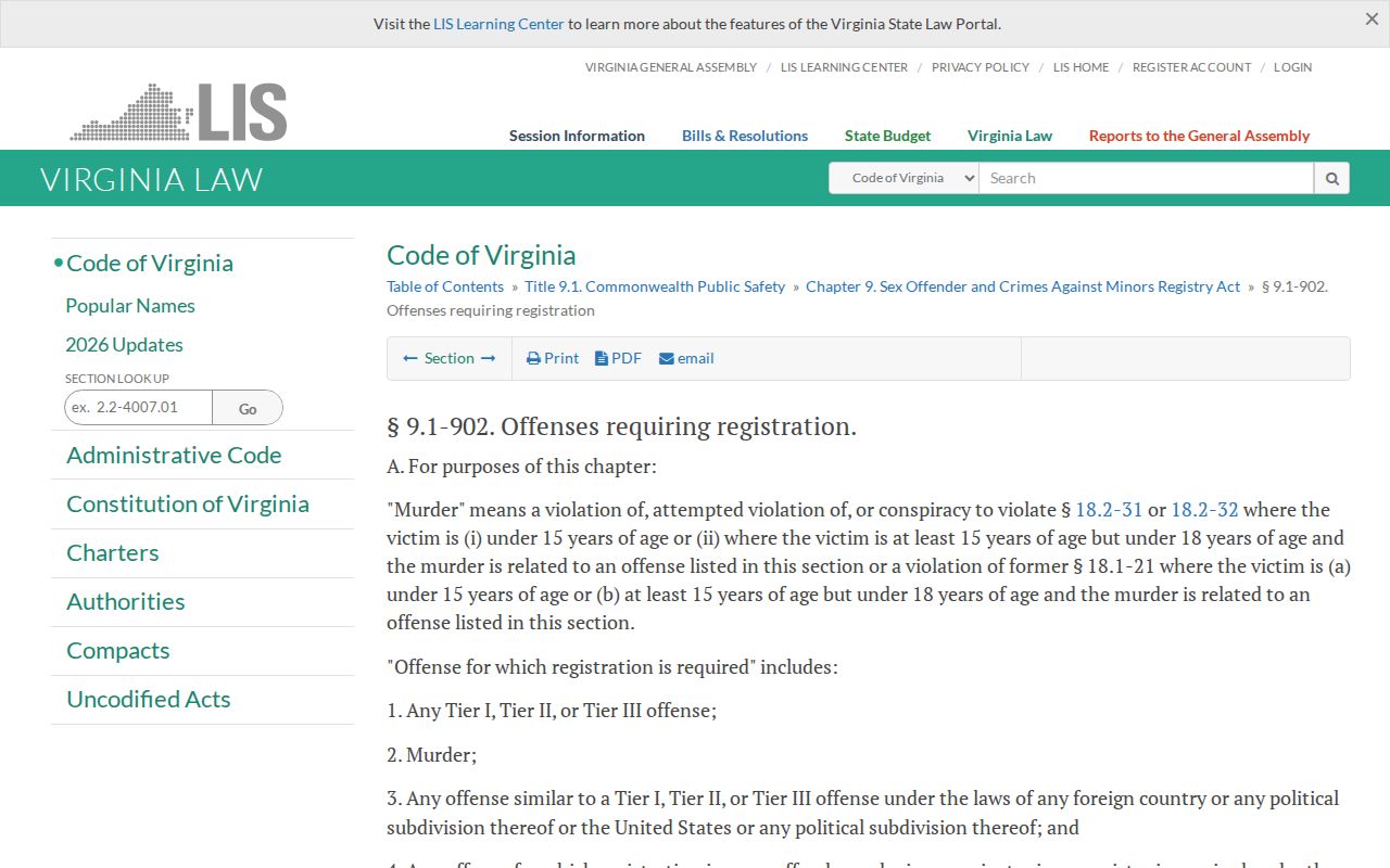Virginia tier definitions used for Loudoun County sex offender registry records